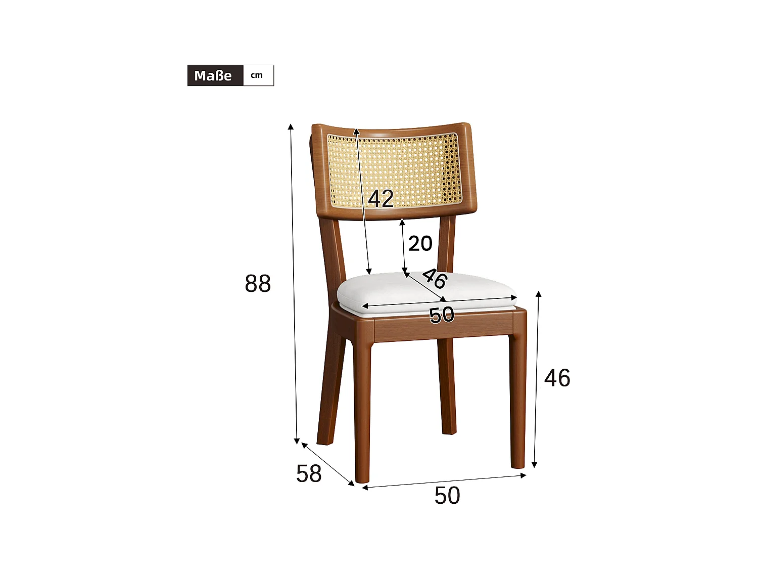 Lot de  6 chaises de salle à manger  - Dossier en rotin - Assise en velours - Bois massif - Marron