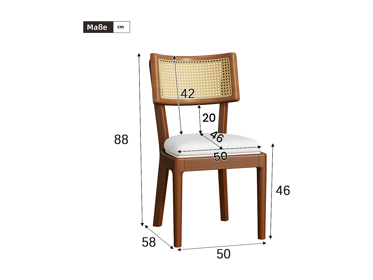 Lot de 6 chaises de salle à manger - Dossier en rotin - coussin de siège en lin - Bois massif - Marron