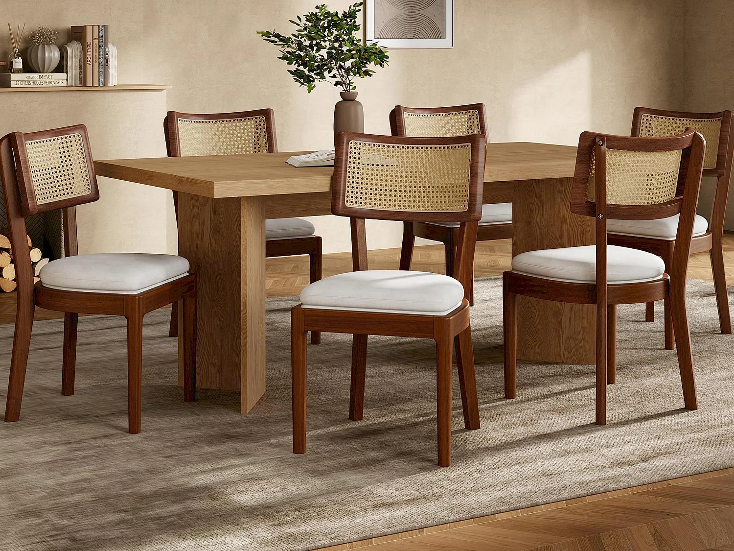 Lot de 6 chaises de salle à manger - Dossier en rotin - coussin de siège en lin - Bois massif - Marron