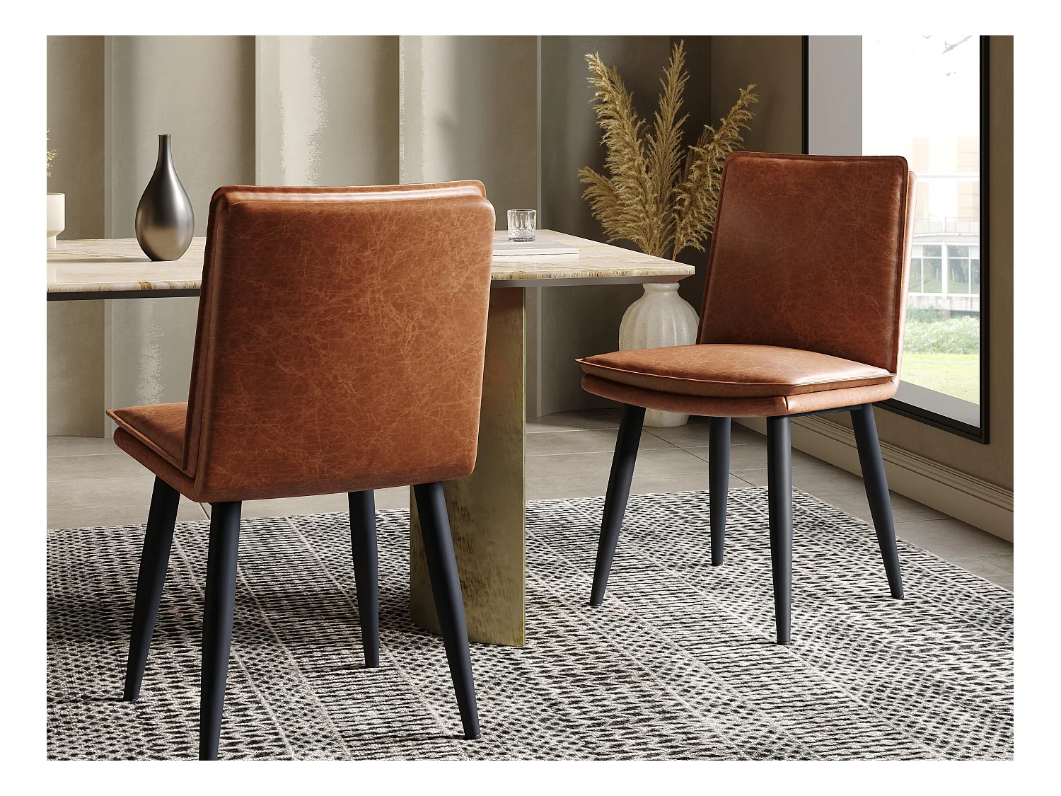 Set di 2 sedie da pranzo - Cuscini doppi - Tessuto in PU - Gambe in metallo - Marrone