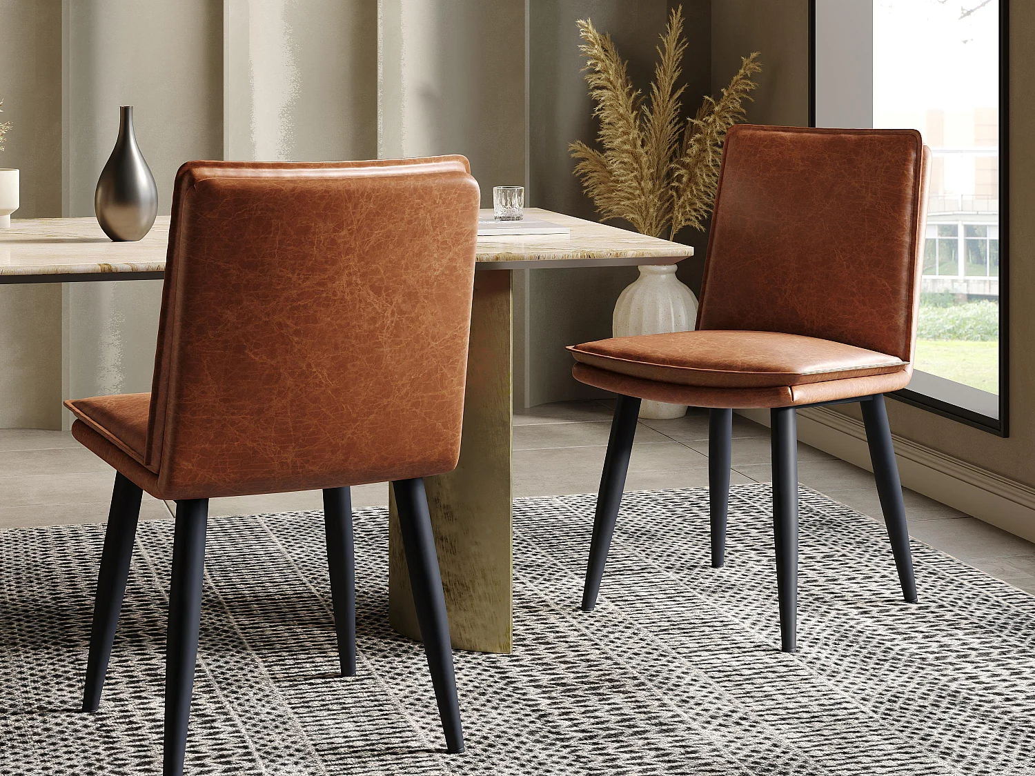 Lot de 2 chaises de salle à manger - Coussins doubles - Tissu PU - Pieds en métal - Marron