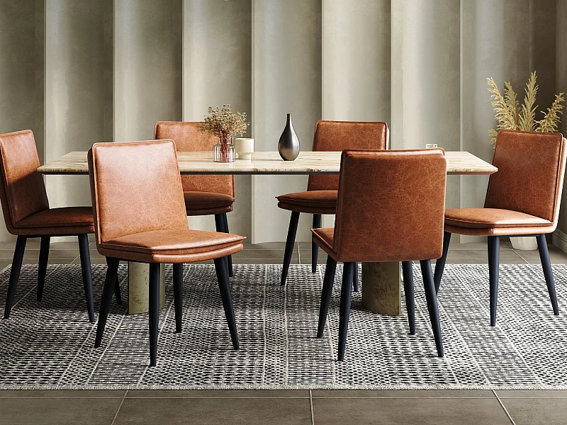 Lot de 6 chaises de salle à manger - Coussins doubles - Tissu PU - Pieds en métal - Marron