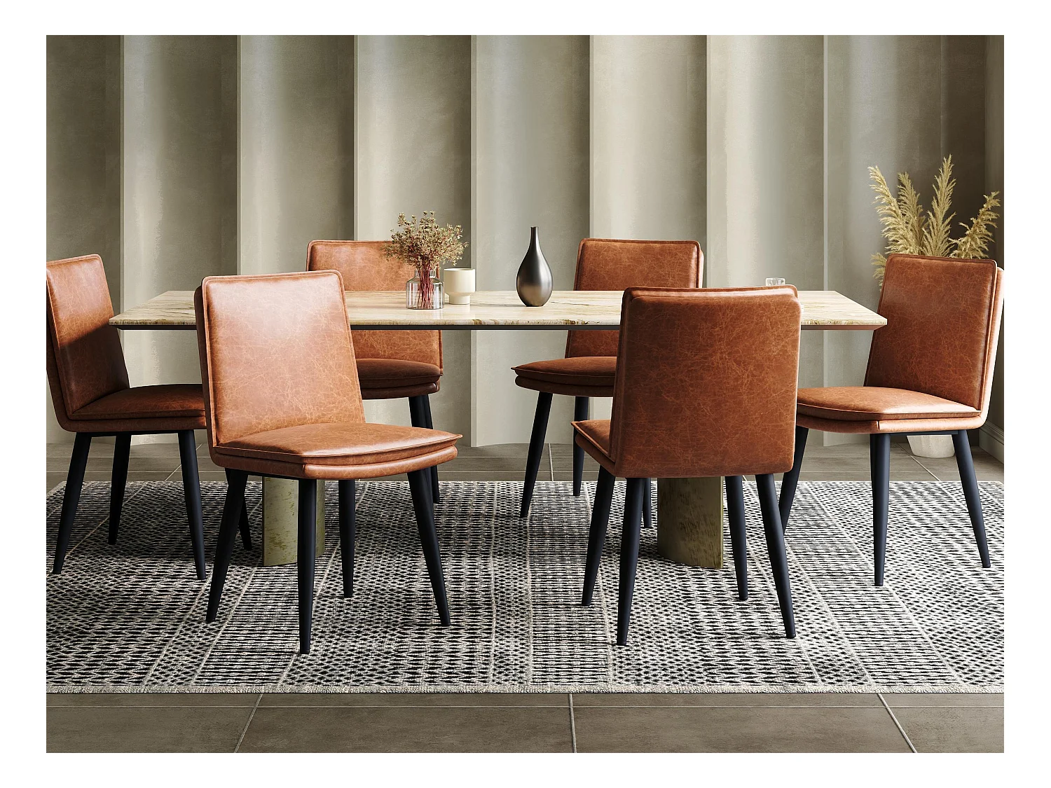 Set di 6 sedie da pranzo - Cuscini doppi - Tessuto in PU - Gambe in metallo - Marrone