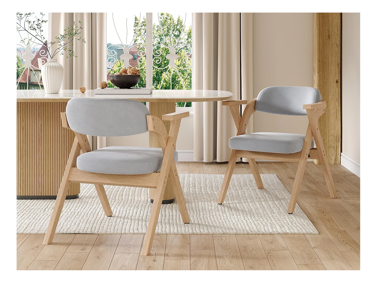 Set van 2 eetkamerstoelen - Opvouwbaar - zitting van fluweel - Structuur van massief hout - Grijs