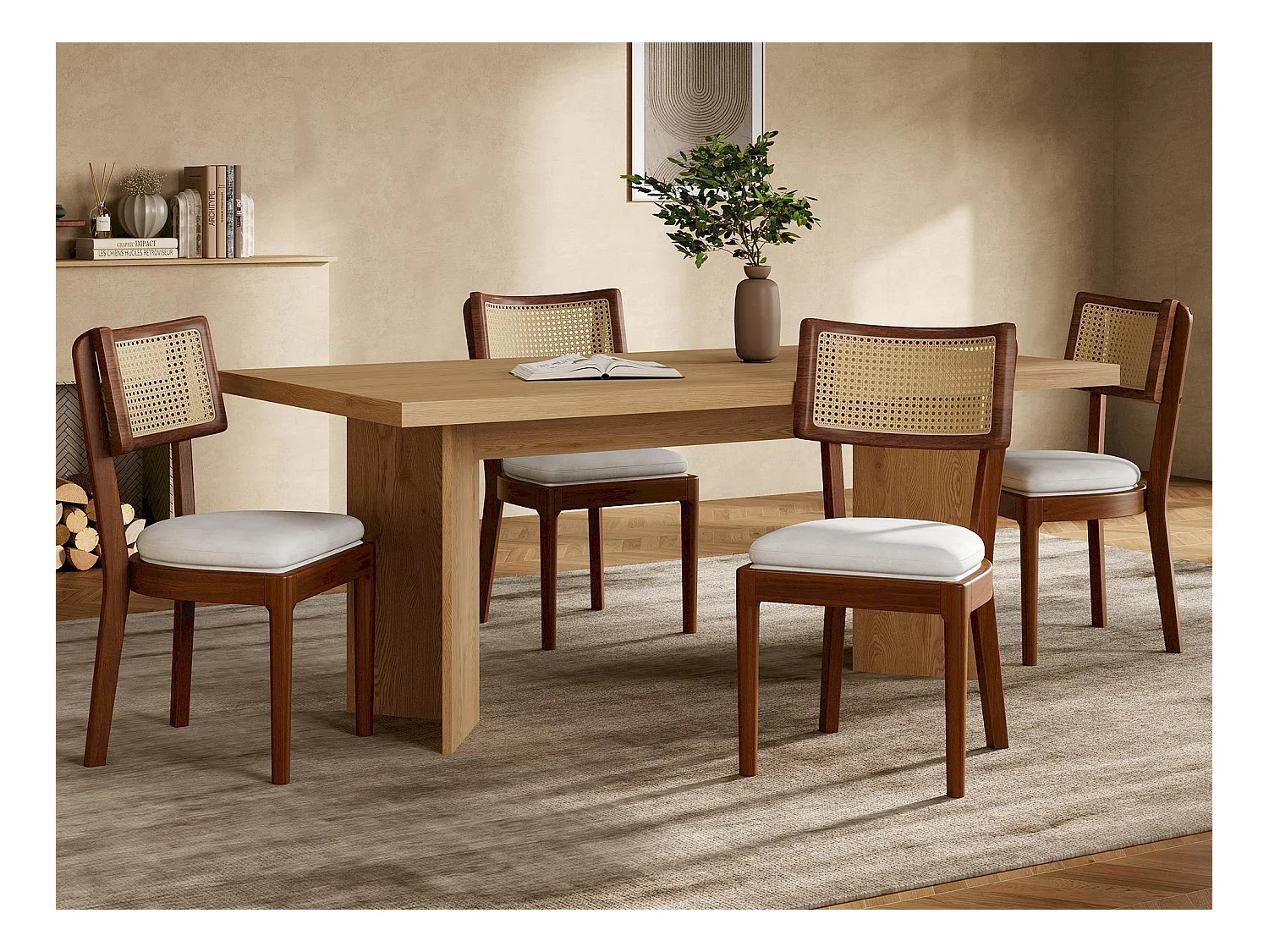 Lot de  4 chaises de salle à manger  - Dossier en rotin - Assise en velours - Bois massif - Marron