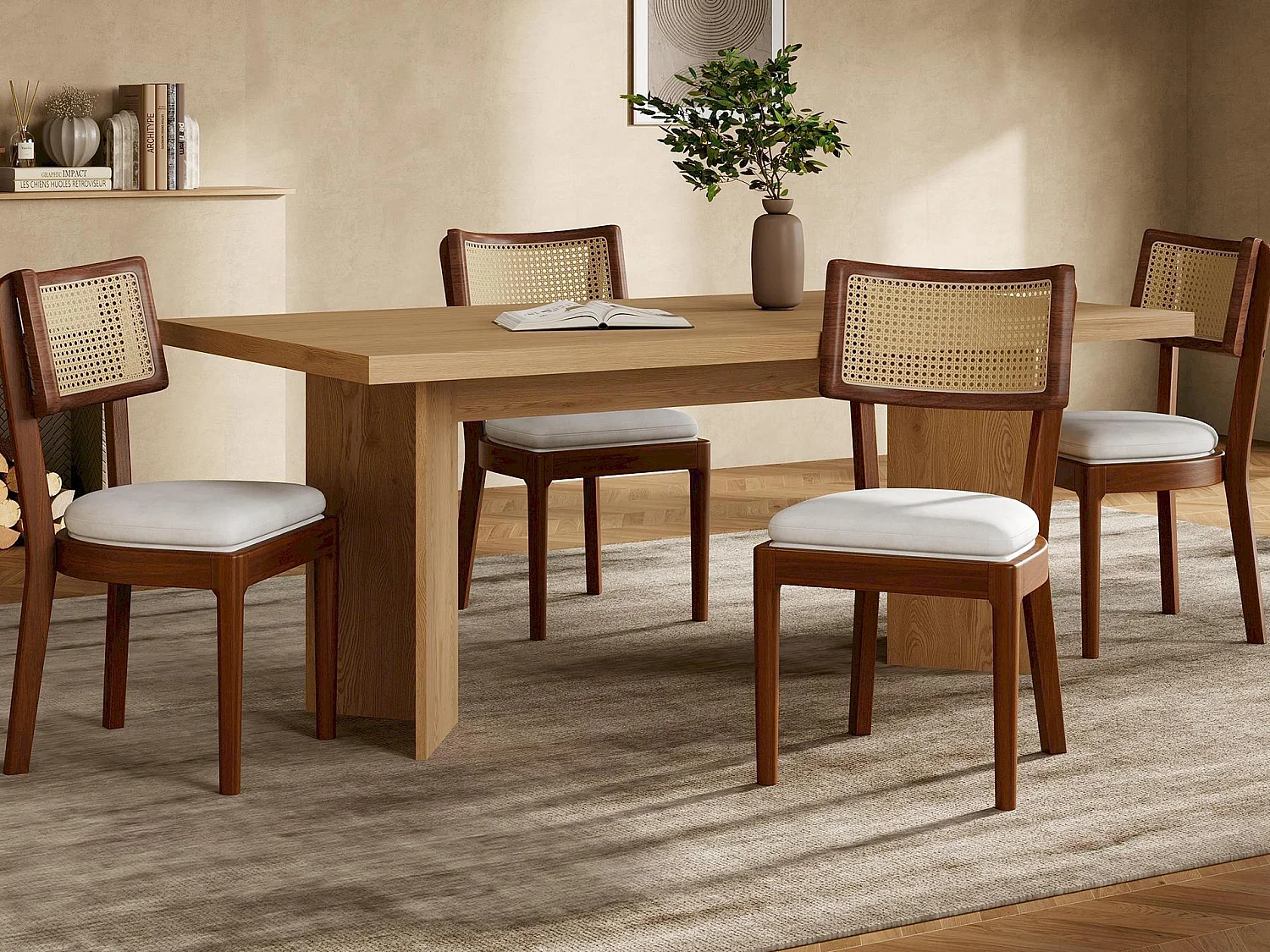 Lot de 4 chaises de salle à manger - Dossier en rotin - coussin de siège en lin - Bois massif - Marron