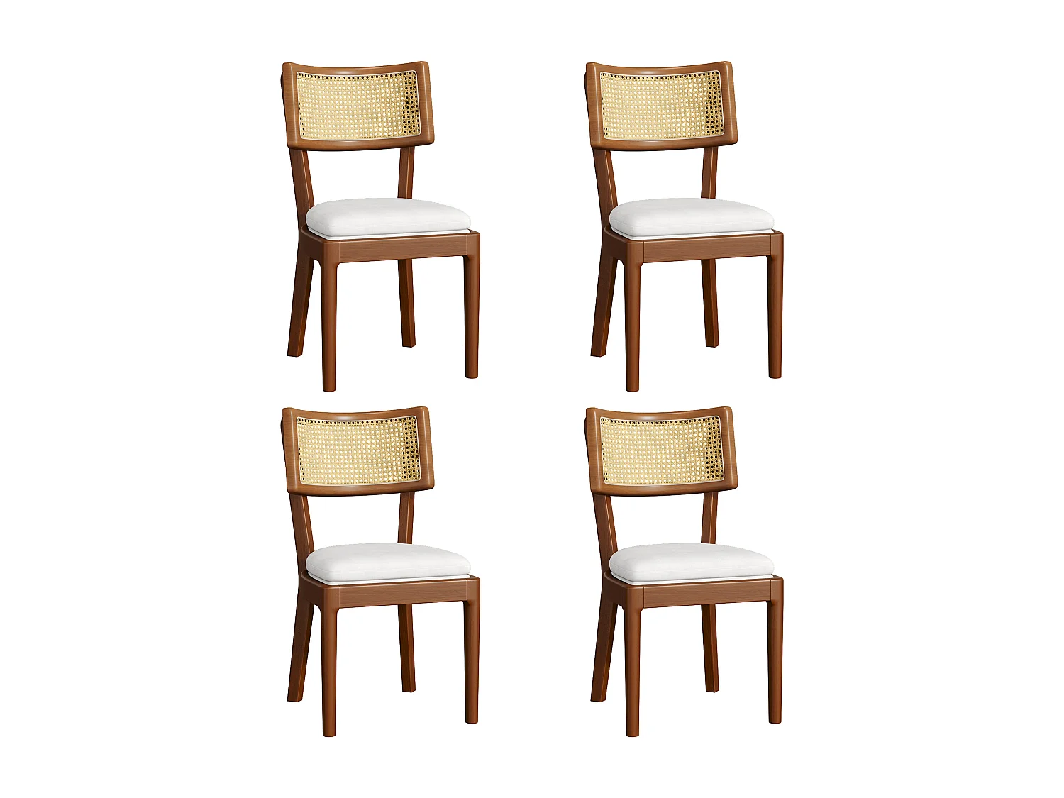Lot de 4 chaises de salle à manger - Dossier en rotin - coussin de siège en lin - Bois massif - Marron