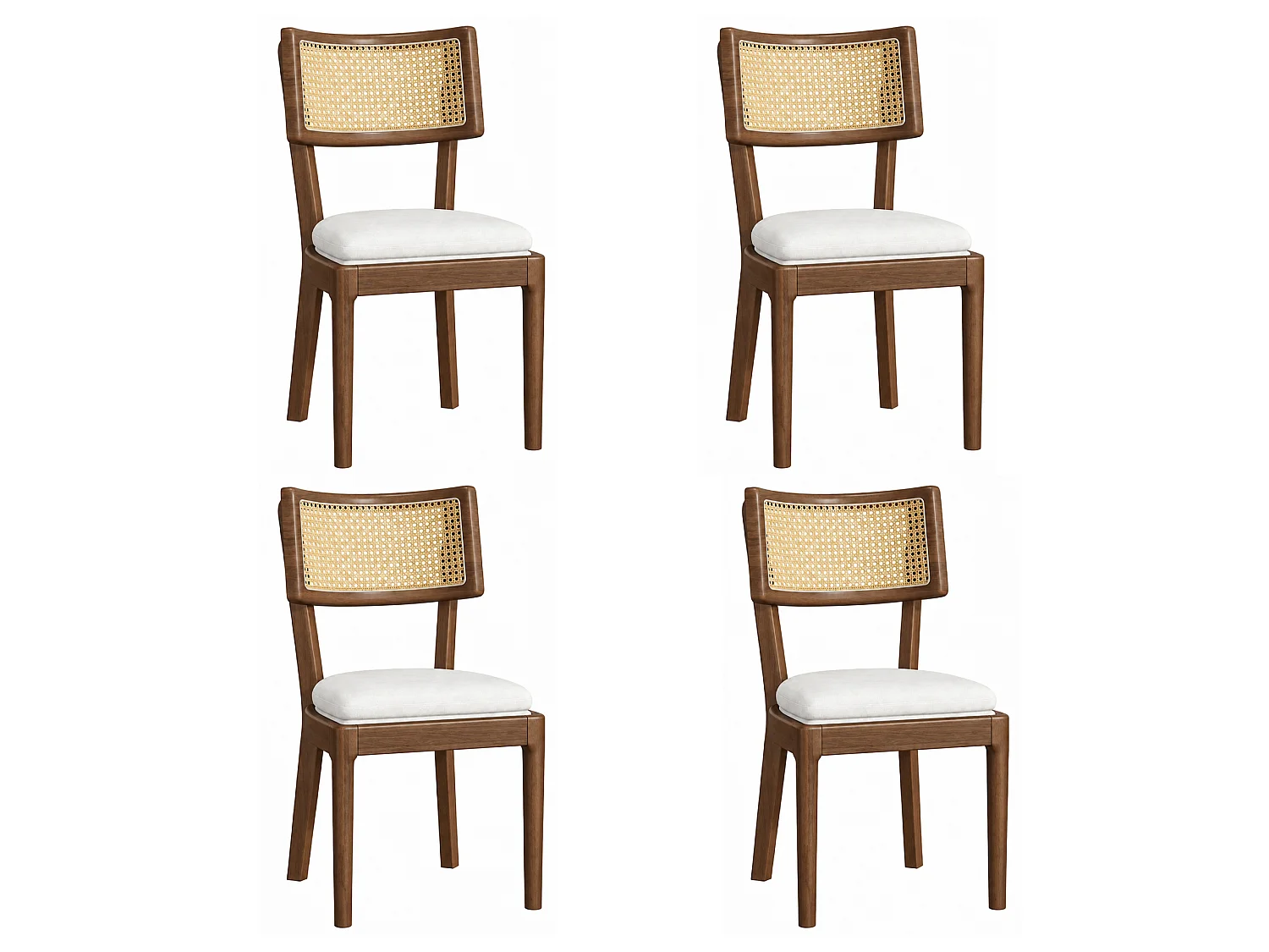 Lot de 4 chaises de salle à manger - Dossier en rotin - coussin de siège en lin - Bois massif - Marron