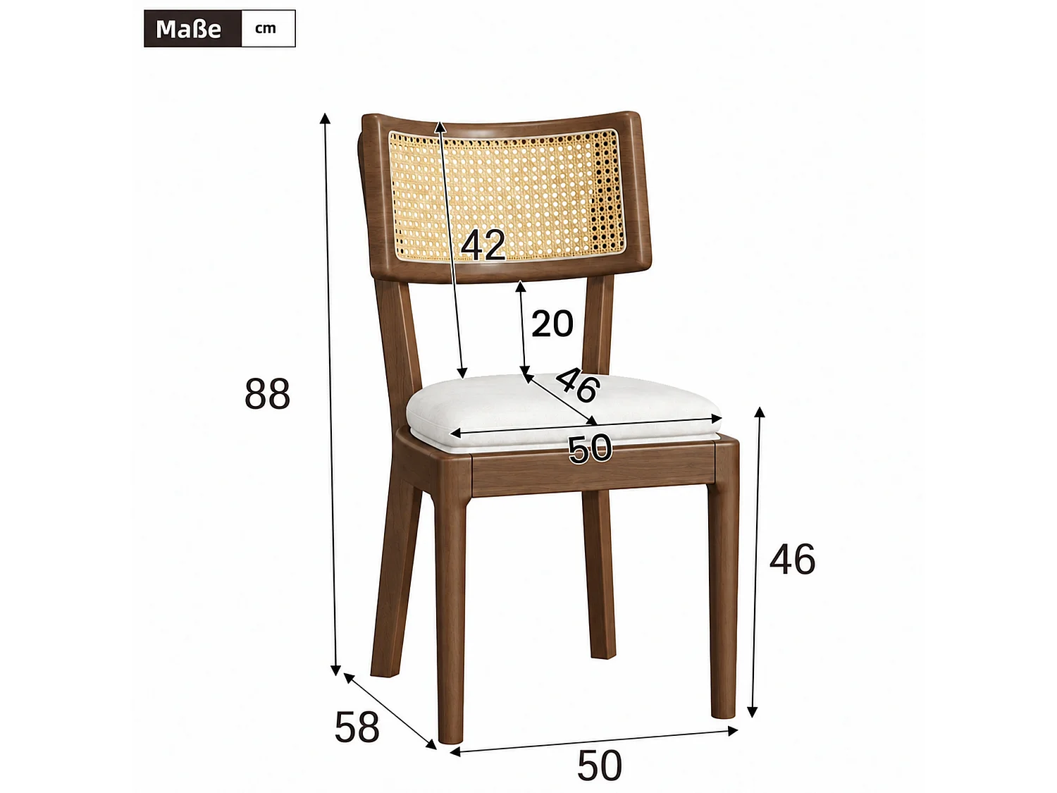 Lot de 4 chaises de salle à manger - Dossier en rotin - coussin de siège en lin - Bois massif - Marron
