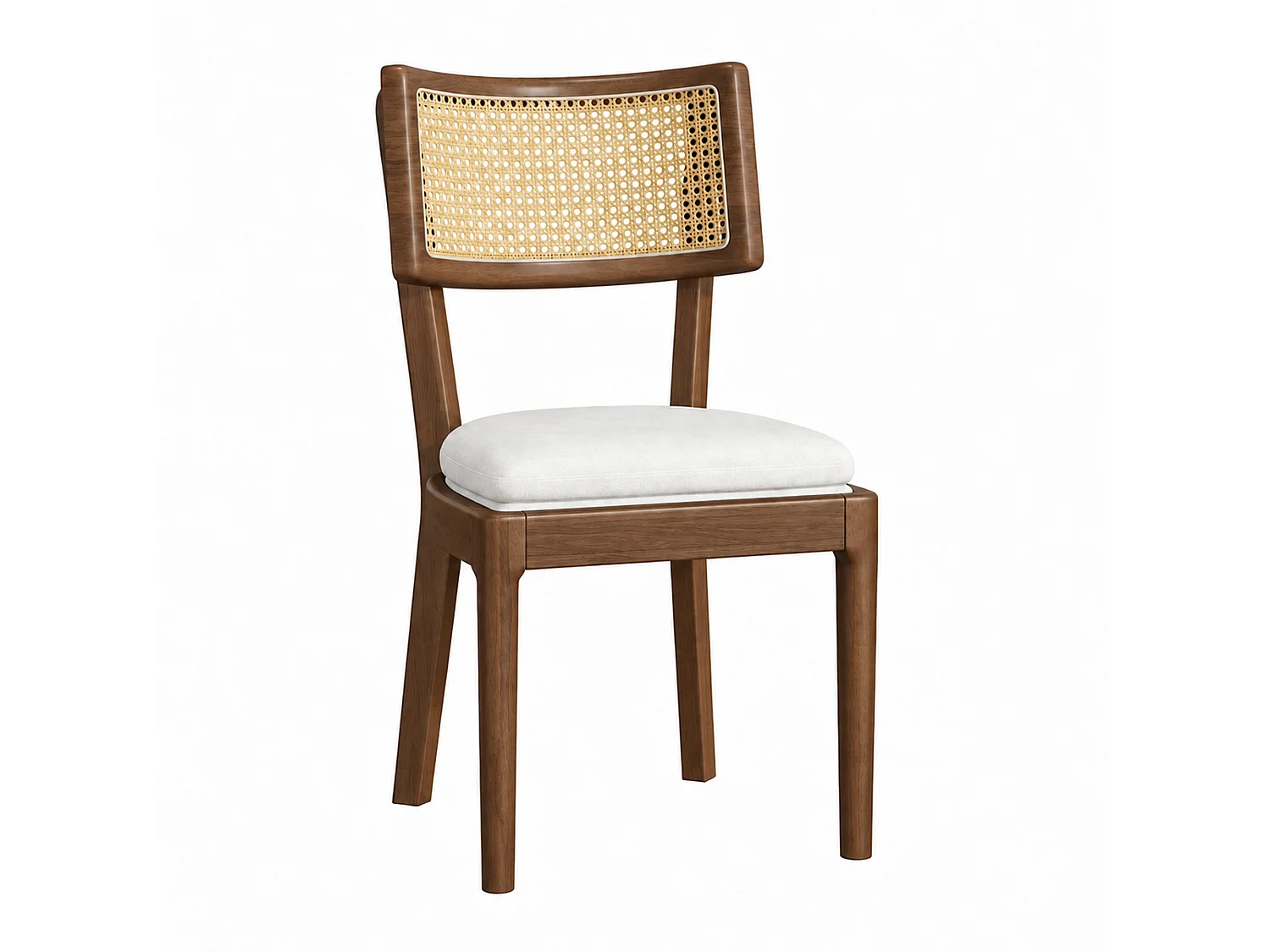 Lot de 4 chaises de salle à manger - Dossier en rotin - coussin de siège en lin - Bois massif - Marron