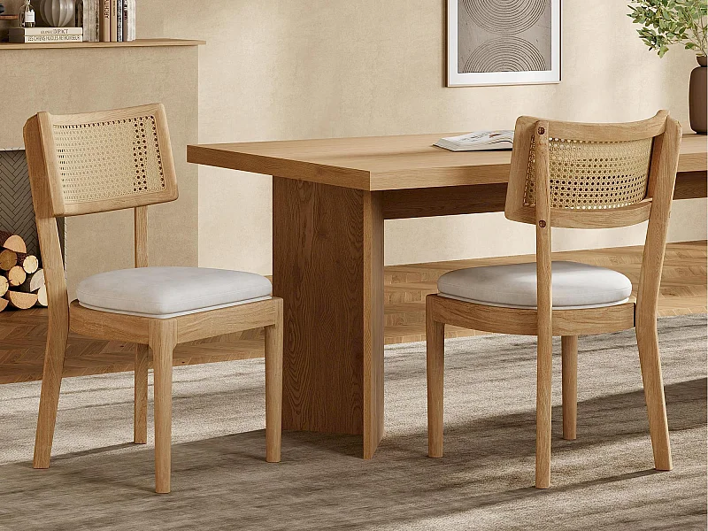 Zestaw 2 krzeseł do jadalni - Oparcie z rattanu - Siedzisko z weluru - Drewno lite - Naturalny