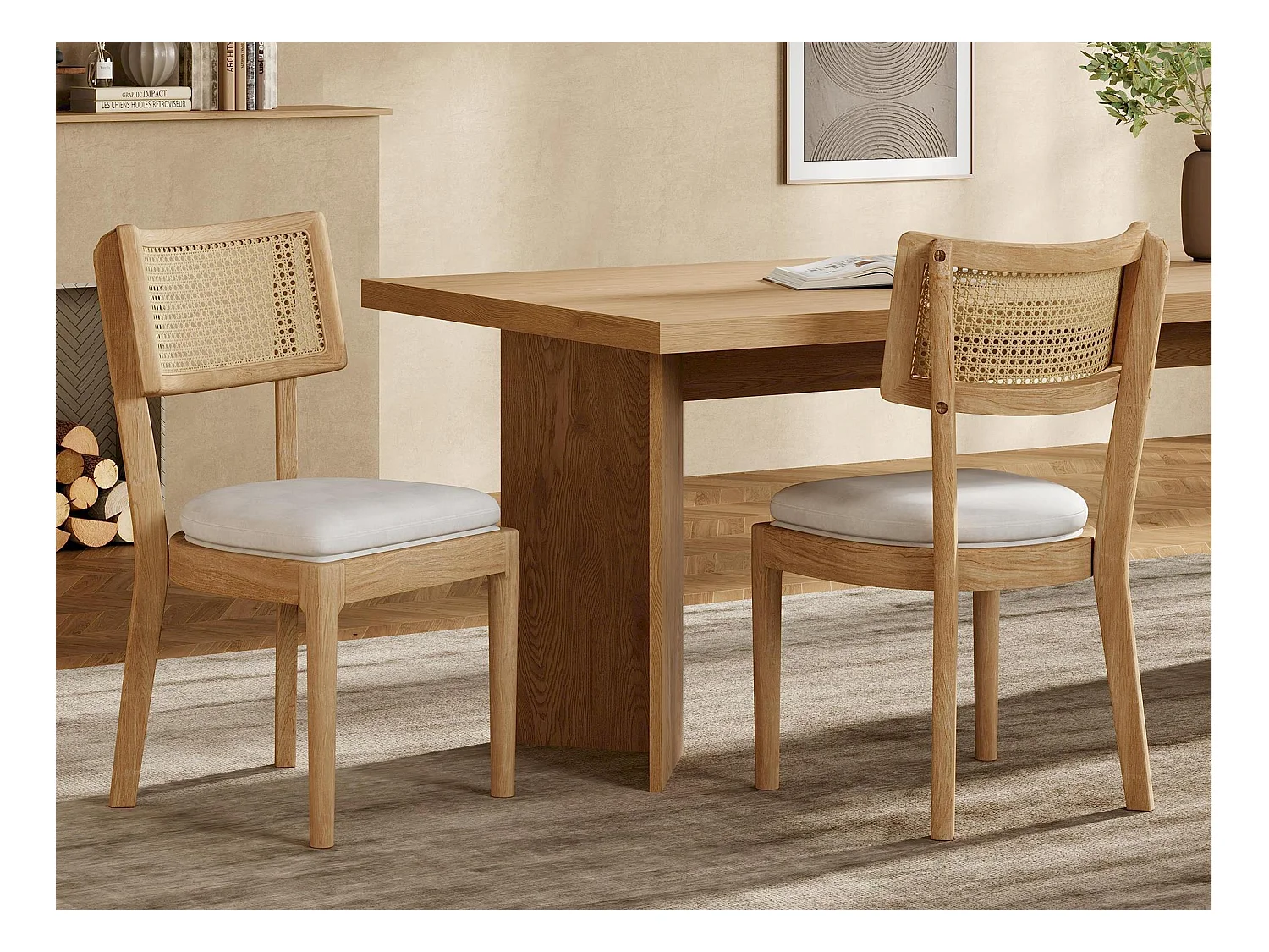 Lot de  2 chaises de salle à manger  - Dossier en rotin - Assise en velours - Bois massif - Naturel