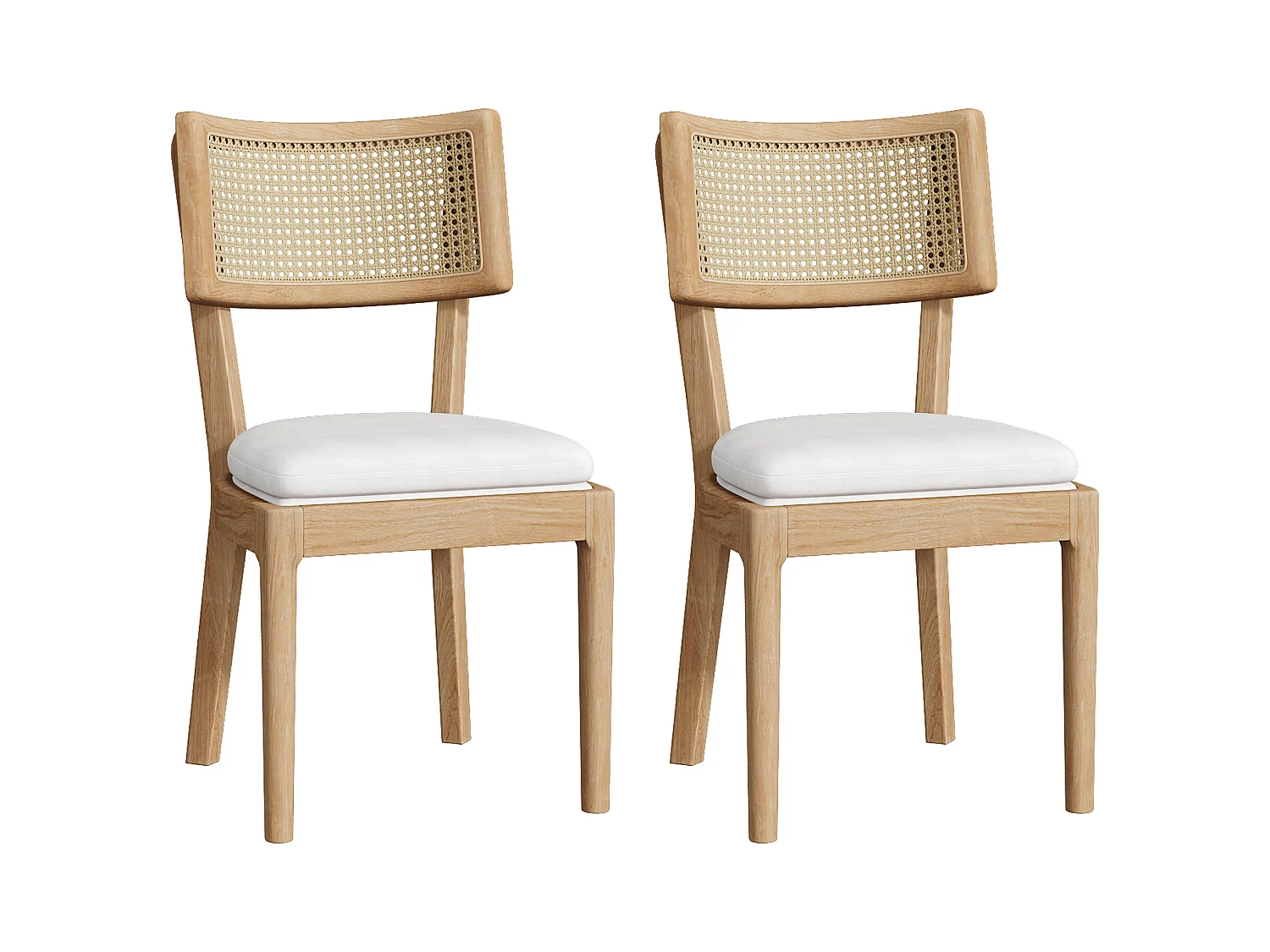 Lot de  2 chaises de salle à manger  - Dossier en rotin - Assise en velours - Bois massif - Naturel