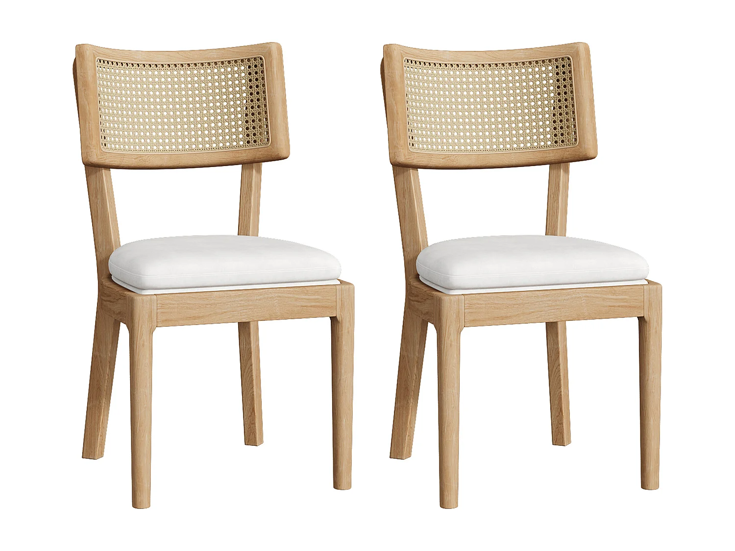 Lot de 2 chaises de salle à manger - Dossier en rotin - coussin de siège en lin - Bois massif - Naturel