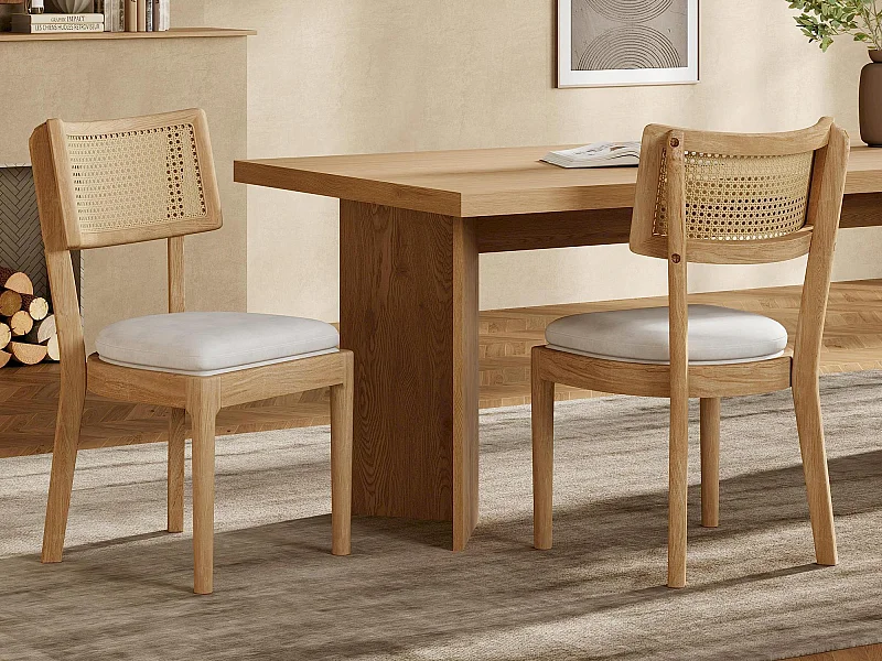 Set van 2 eetkamerstoelen - Rugleuning van rotan - Zitkussen van linnen - Massief hout - Natuur