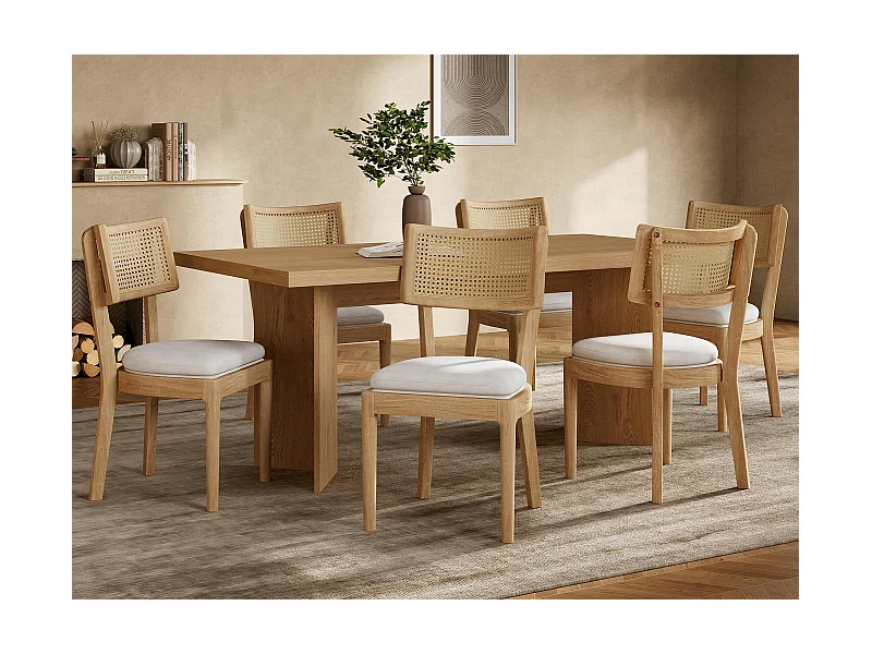 Set aus 6 Esszimmerstühlen - Rückenlehne aus Rattan - Sitzfläche aus Samt - Massivholz - Natur