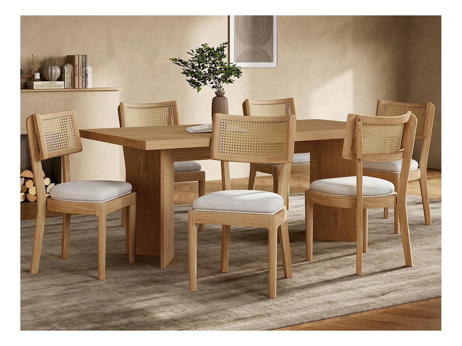 Lot de  6 chaises de salle à manger - Dossier en rotin - Assise en velours - Bois massif - Naturel