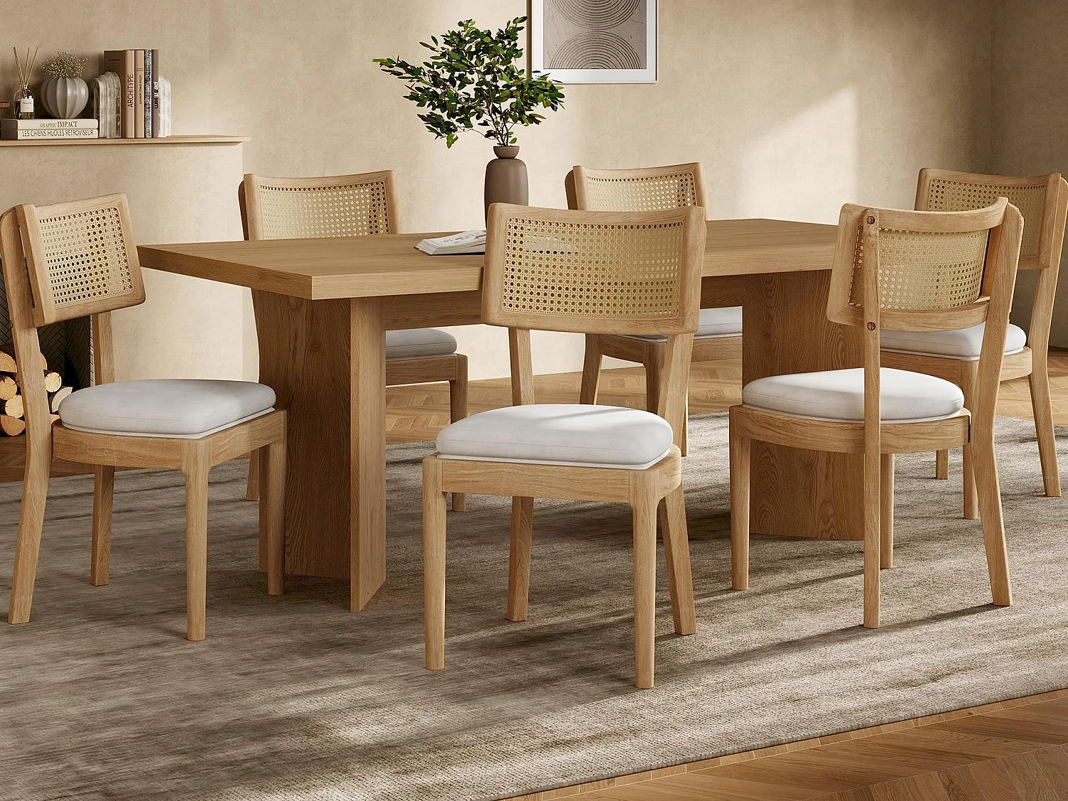 Lot de 6 chaises de salle à manger - Dossier en rotin - coussin de siège en lin - Bois massif - Naturel