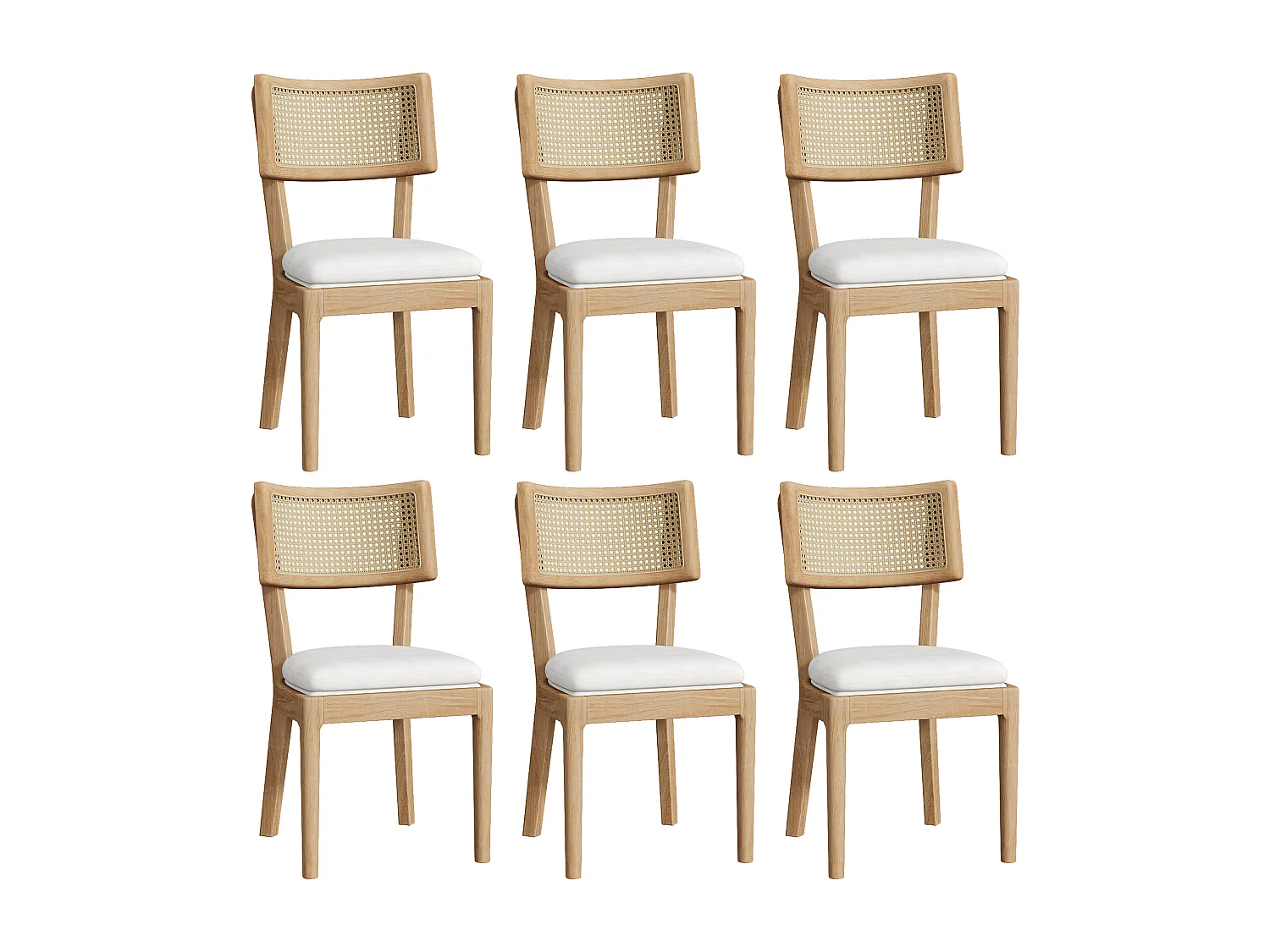 Lot de 6 chaises de salle à manger - Dossier en rotin - coussin de siège en lin - Bois massif - Naturel