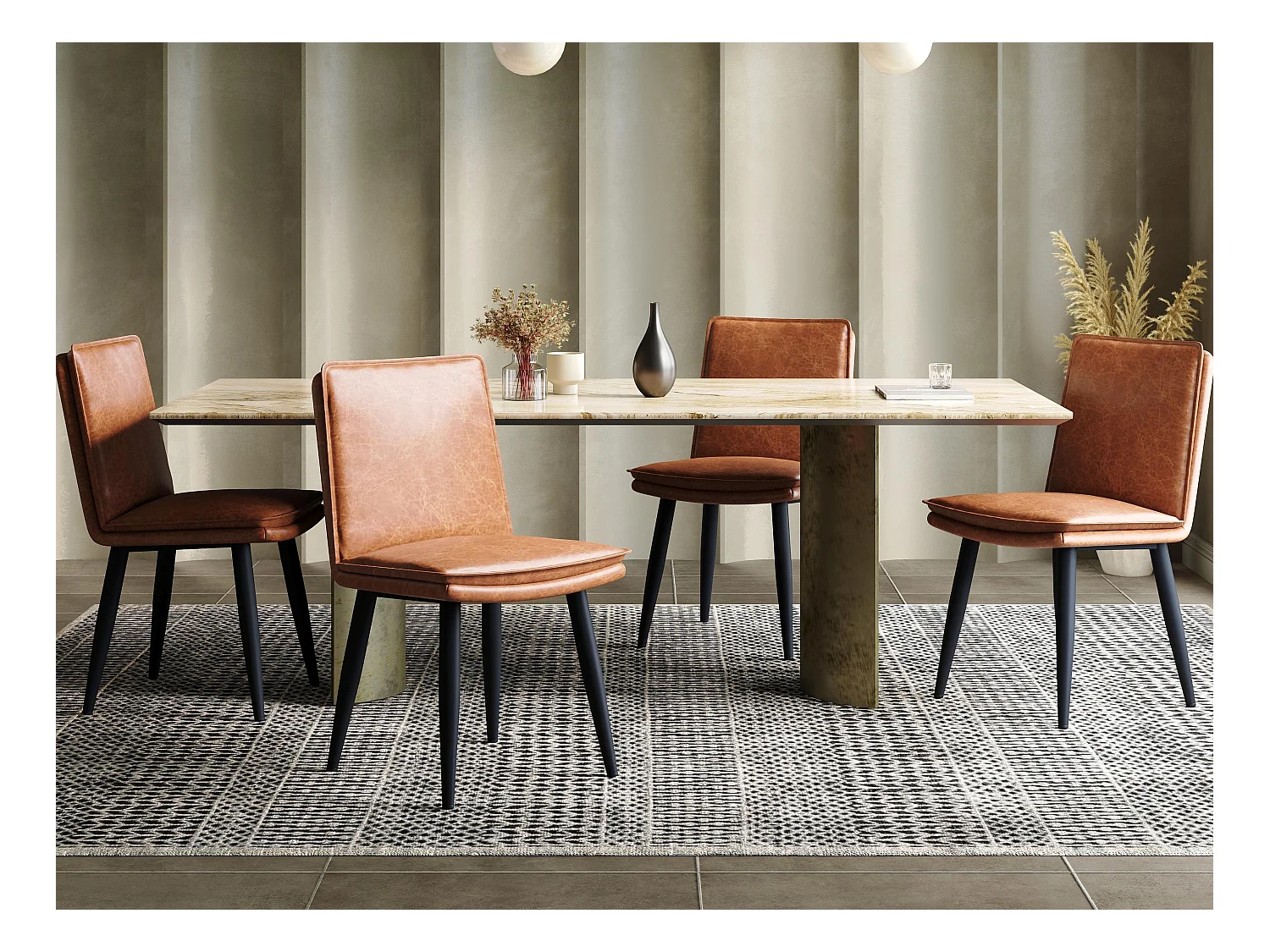 Set di 4 sedie da pranzo - Cuscini doppi - Tessuto in PU - Gambe in metallo - Marrone