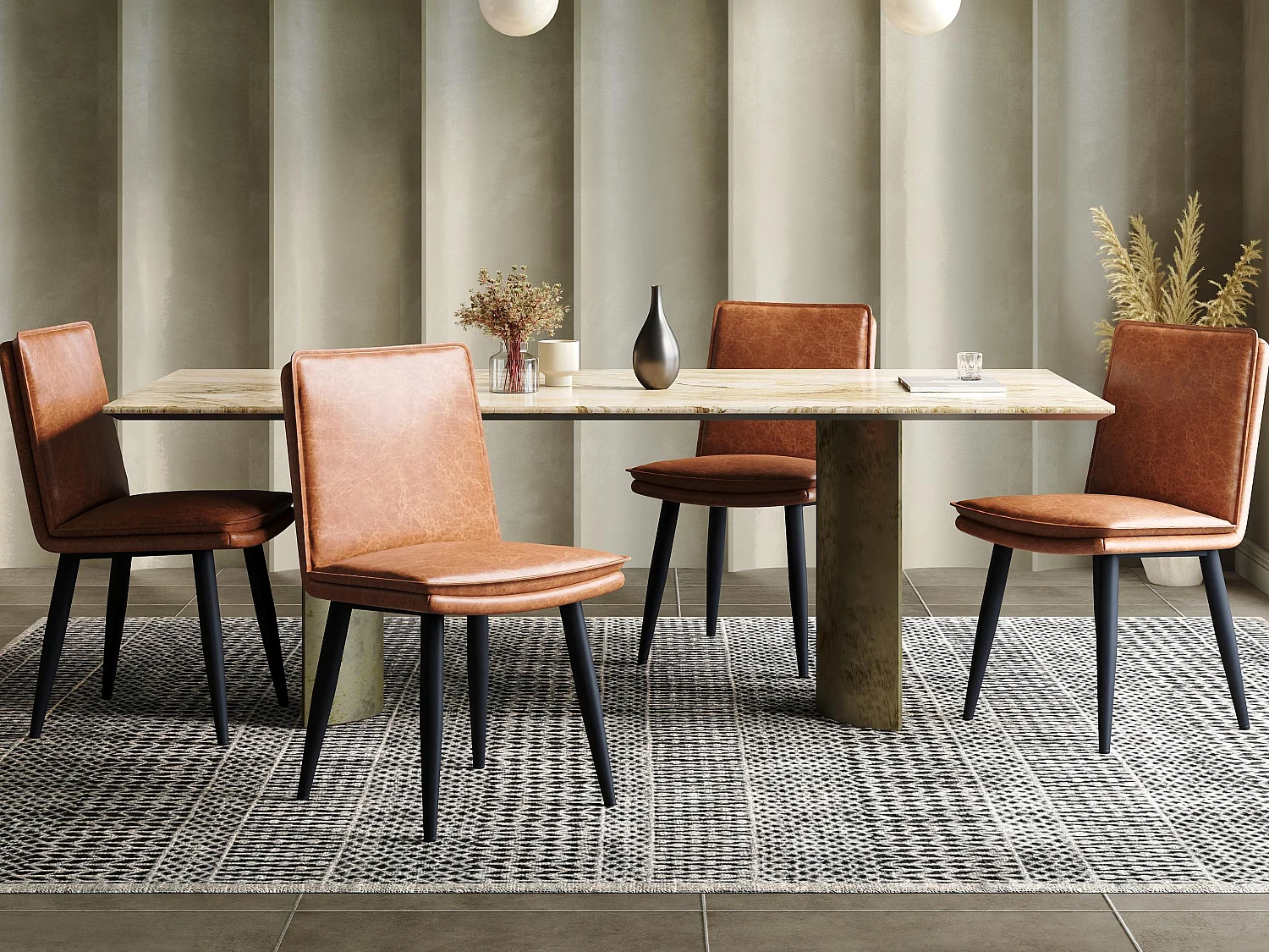 Set di 4 sedie da pranzo - Cuscini doppi - Tessuto in PU - Gambe in metallo - Marrone