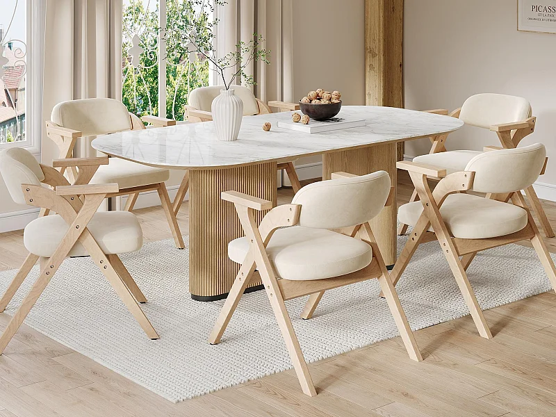 Set aus 6 Esszimmerstühlen - Klappbar - Sitzfläche aus Samt - Struktur aus Massivholz - Beige