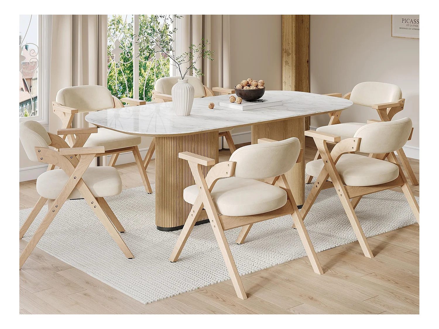 Lot de 6 chaises de salle à manger  - Pliable - Assise en velours - Structure en bois massif - Beige