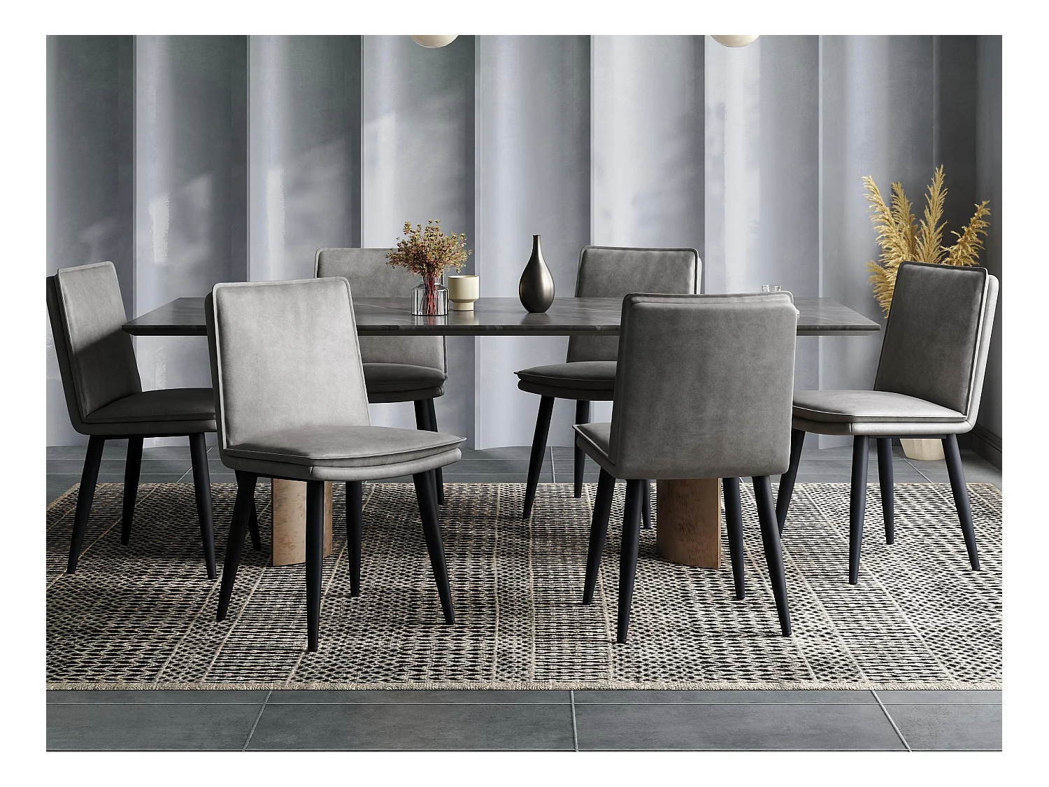 Lot de 6 chaises de salle à manger - Coussins doubles - Tissu PU - Pieds en métal - Gris