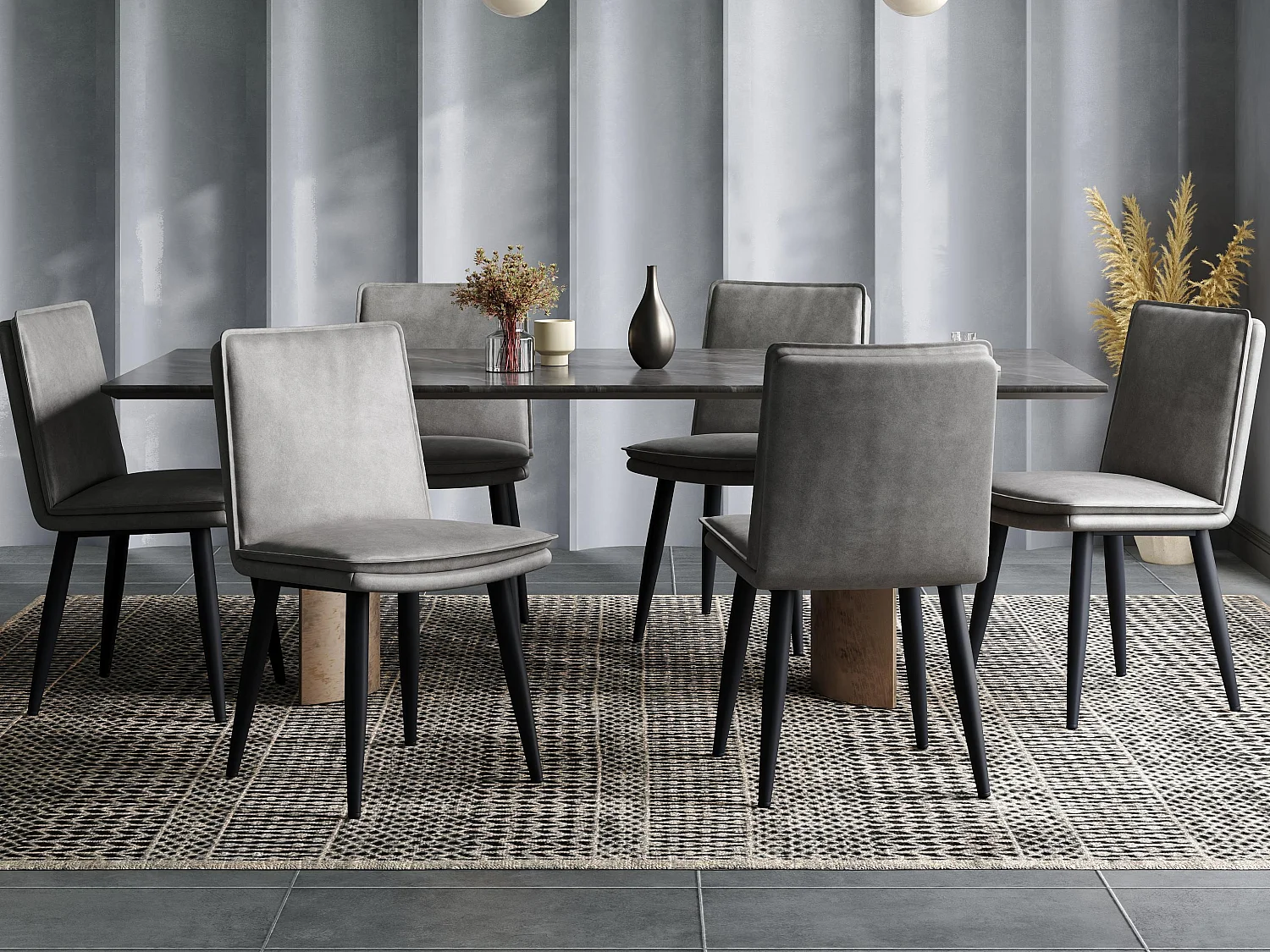 Lot de 6 chaises de salle à manger - Coussins doubles - Tissu PU - Pieds en métal - Gris