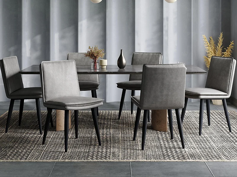 Lot de 6 chaises de salle à manger - Coussins doubles - Tissu PU - Pieds en métal - Gris