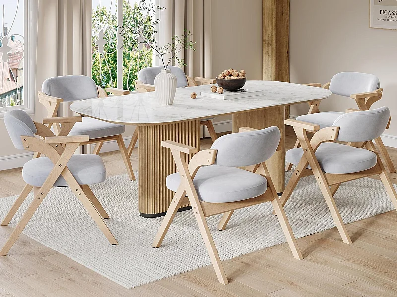 Set aus 6 Esszimmerstühlen - Klappbar - Sitzfläche aus Samt - Struktur aus Massivholz - Grau