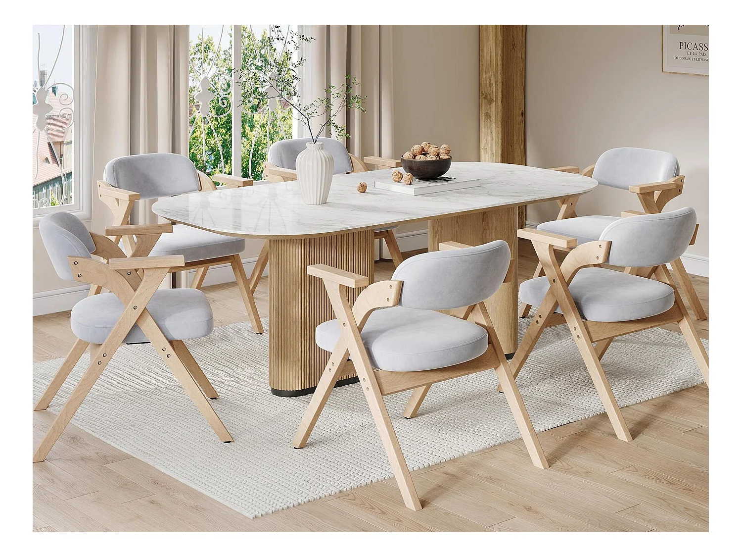 Set van 6 eetkamerstoelen - Opvouwbaar - zitting van fluweel - Structuur van massief hout - Grijs