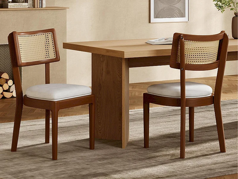 Set aus 2 Esszimmerstühlen - Rückenlehne aus Rattan - Sitzkissen aus Leinen - Massivholz - Braun