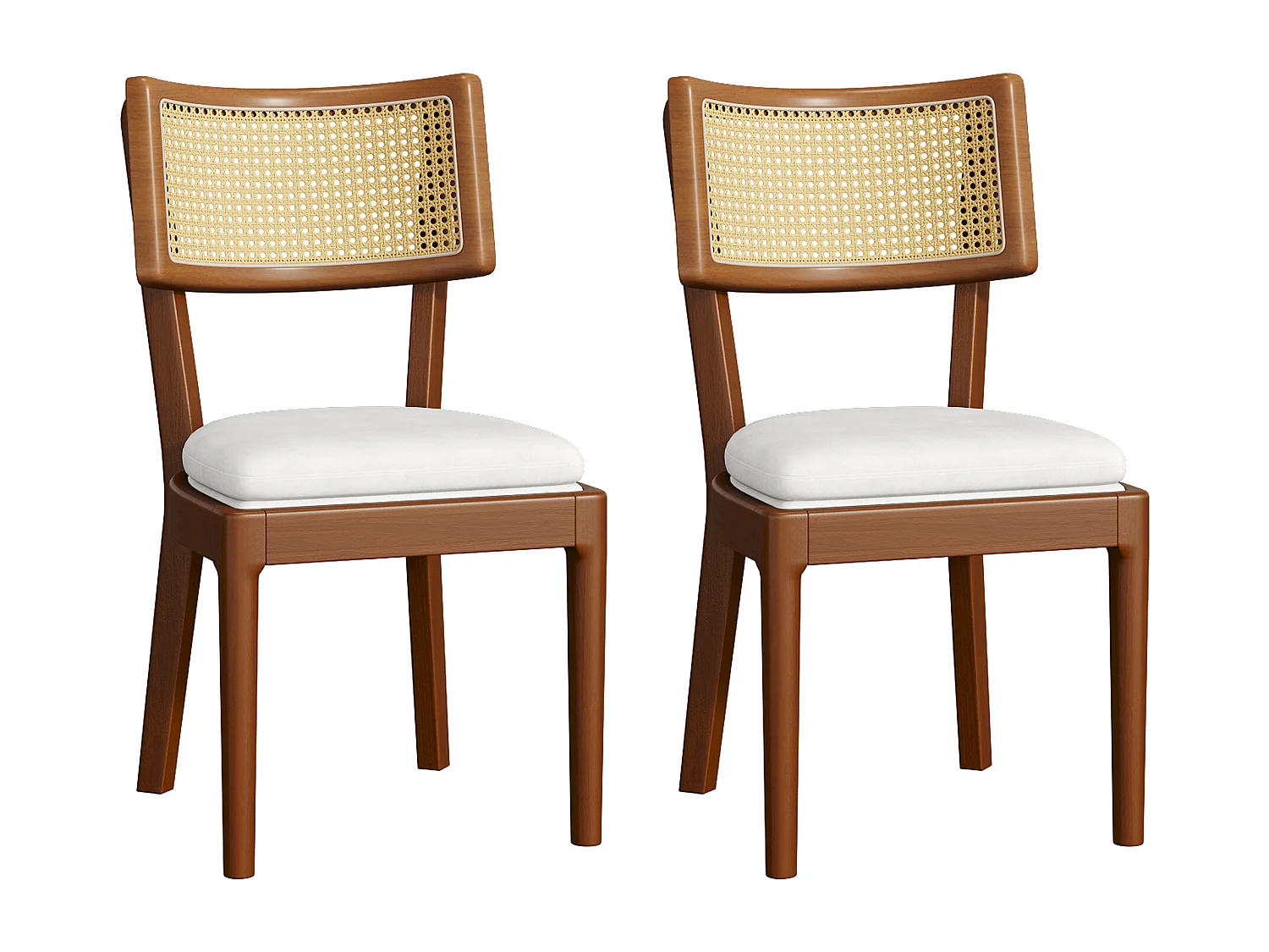 Lot de 2 chaises de salle à manger - Dossier en rotin - coussin de siège en lin - Bois massif - Marron