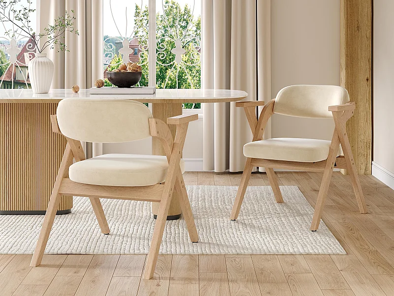 Set aus 2 Esszimmerstühlen - Klappbar - Sitzfläche aus Samt - Struktur aus Massivholz - Beige