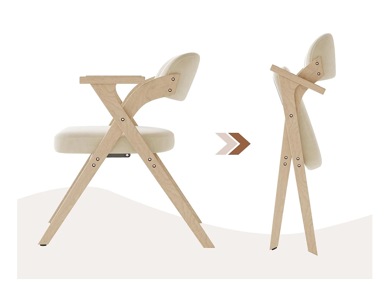 Lot de 2 chaises de salle à manger  - Pliable - assise en velours - Structure en bois massif - Beige