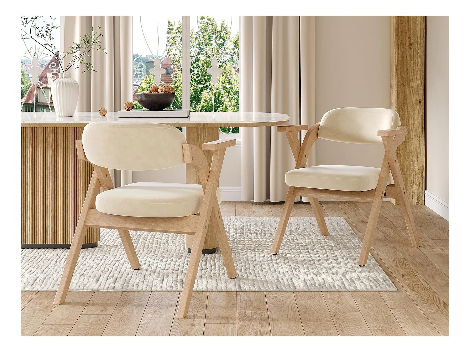 Set di 2 sedie da pranzo - Pieghevoli - seduta in velluto - Struttura in legno massello - Beige