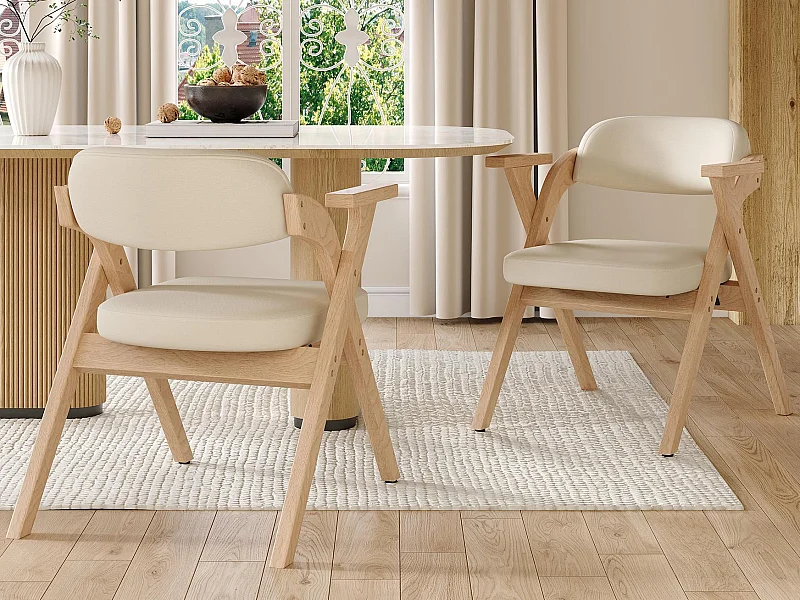 Lot de 2 chaises de salle à manger  - Pliable - chaises en lin - Structure en bois massif - Beige