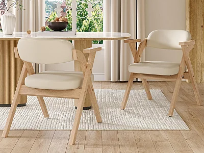 Set of 2 Folding Dining Chairs - Linen Upholstery - Solid Wood Frame - Beige
