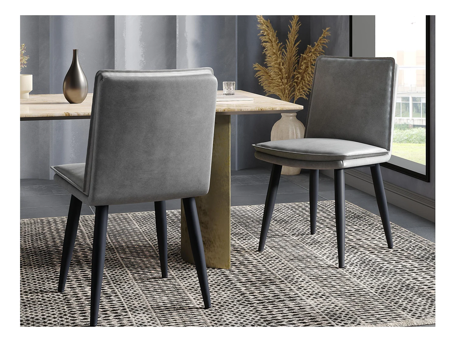 Set di 2 sedie da pranzo - Cuscini doppi - Tessuto in PU - Gambe in metallo - Grigio