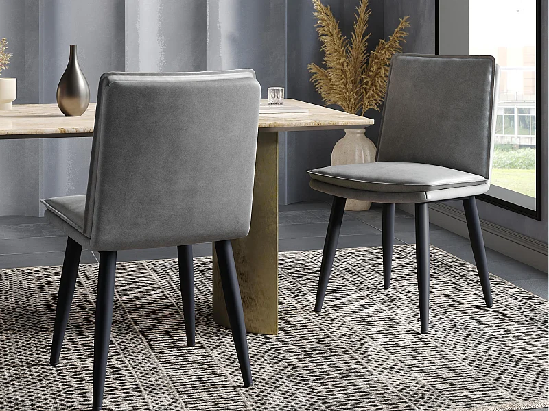 Set van 2 eetkamerstoelen - Dubbele kussens - PU-stof - Metalen poten - Grijs