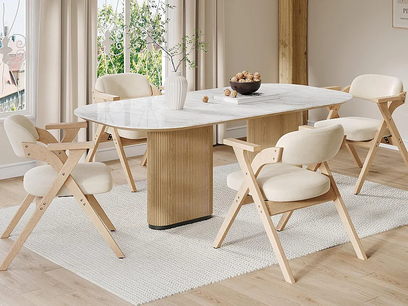 Set aus 4 Esszimmerstühlen - Klappbar - Sitzfläche aus Samt - Struktur aus Massivholz - Beige