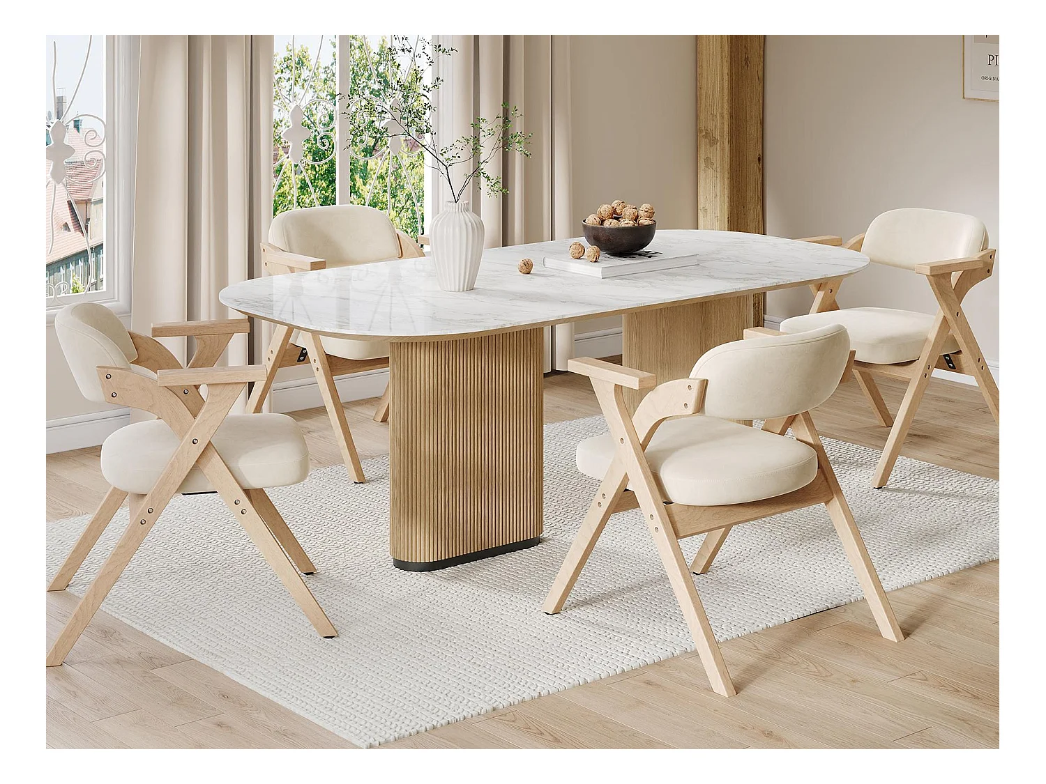 Set van 4 eetkamerstoelen - Opvouwbaar - zitting van fluweel - Structuur van massief hout - Beige