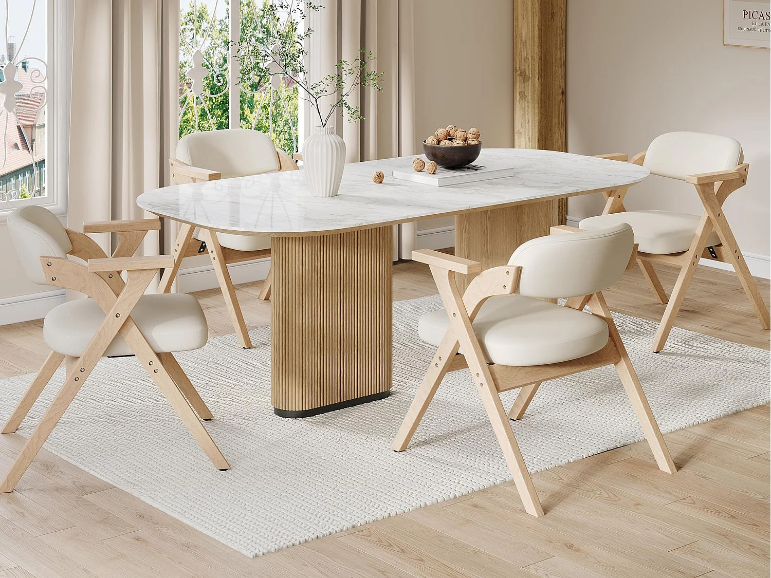Set di 4 sedie da pranzo - Pieghevole - sedie in lino - Struttura in legno massello - Beige