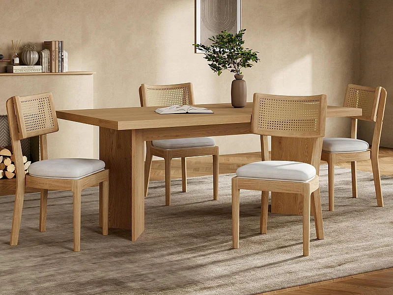 Set aus 4 Esszimmerstühlen - Rückenlehne aus Rattan - Sitzfläche aus Samt - Massivholz - Natur