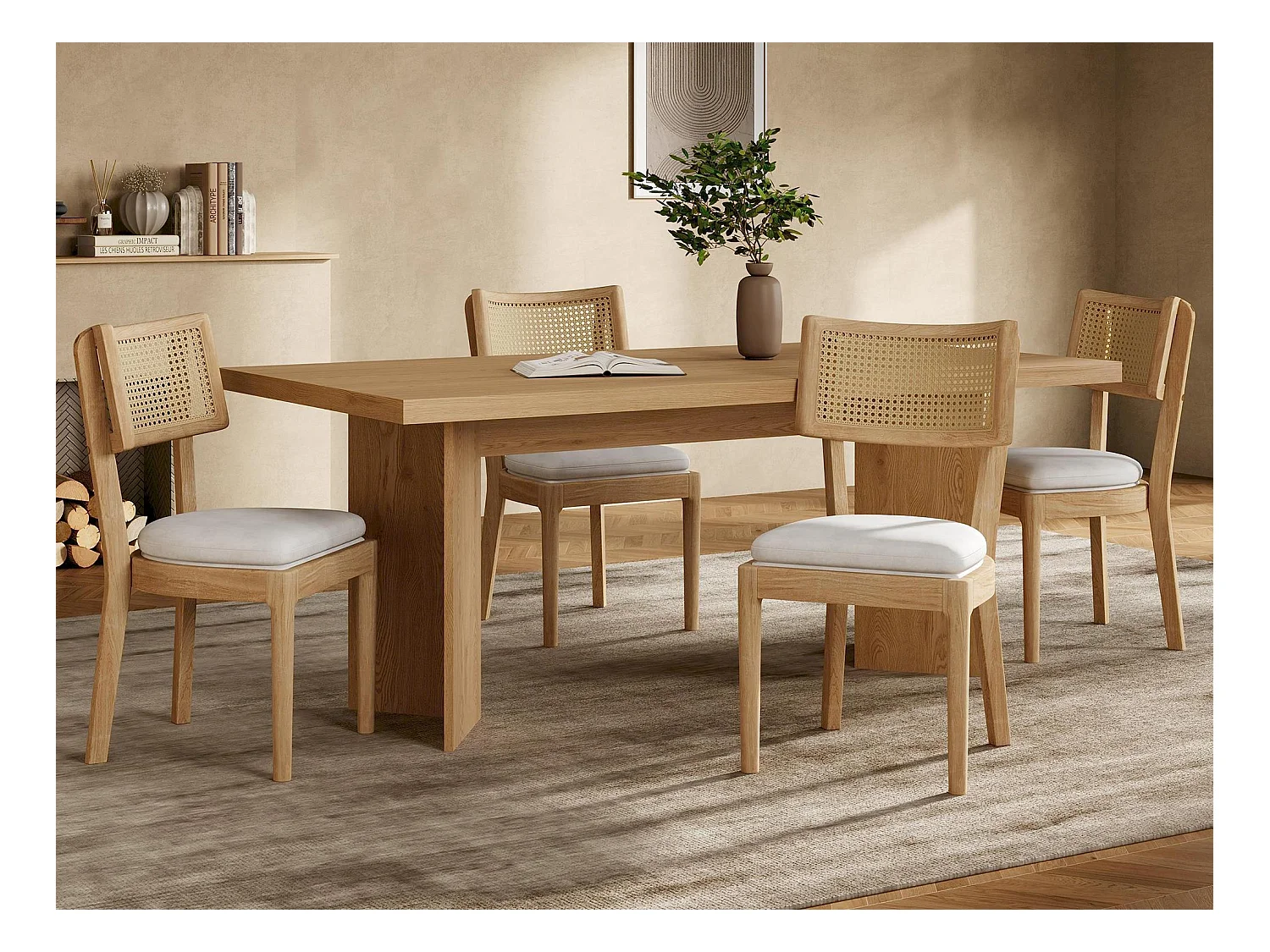 Lot de  4 chaises de salle à manger  - Dossier en rotin - Assise en velours - Bois massif - Naturel