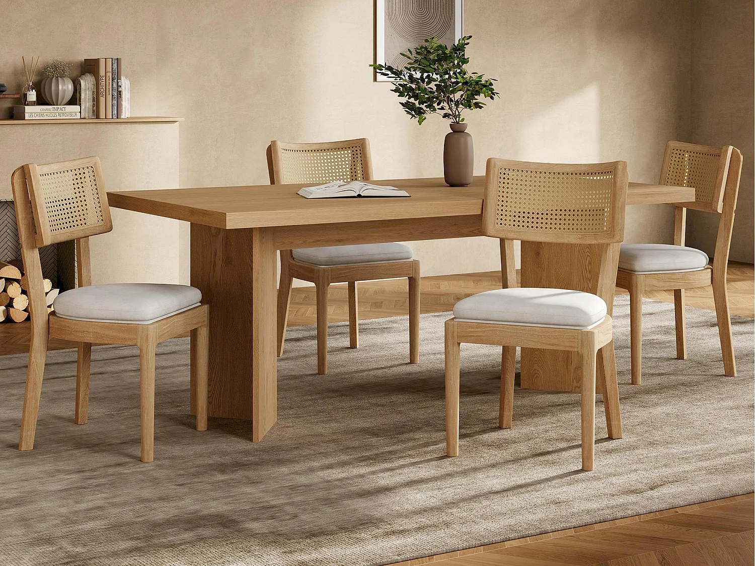 Lot de 4 chaises de salle à manger - Dossier en rotin - coussin de siège en lin - Bois massif - Naturel