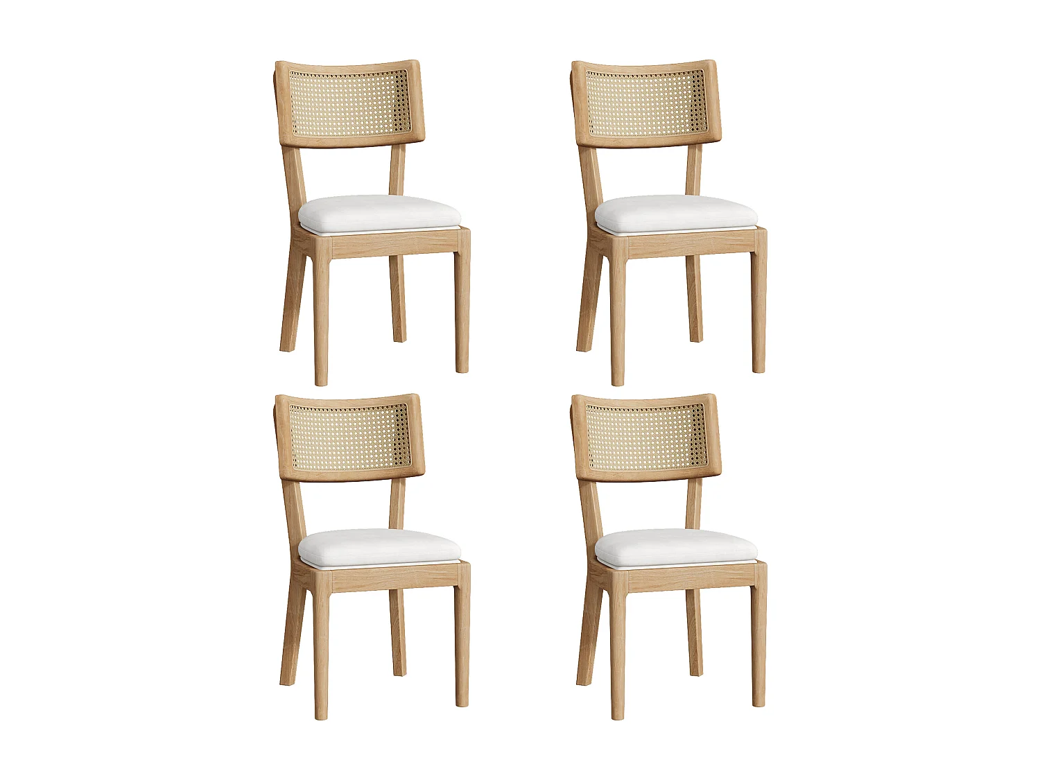 Set van 4 eetkamerstoelen - Rugleuning van rotan - Zitkussen van linnen - Massief hout - Natuur
