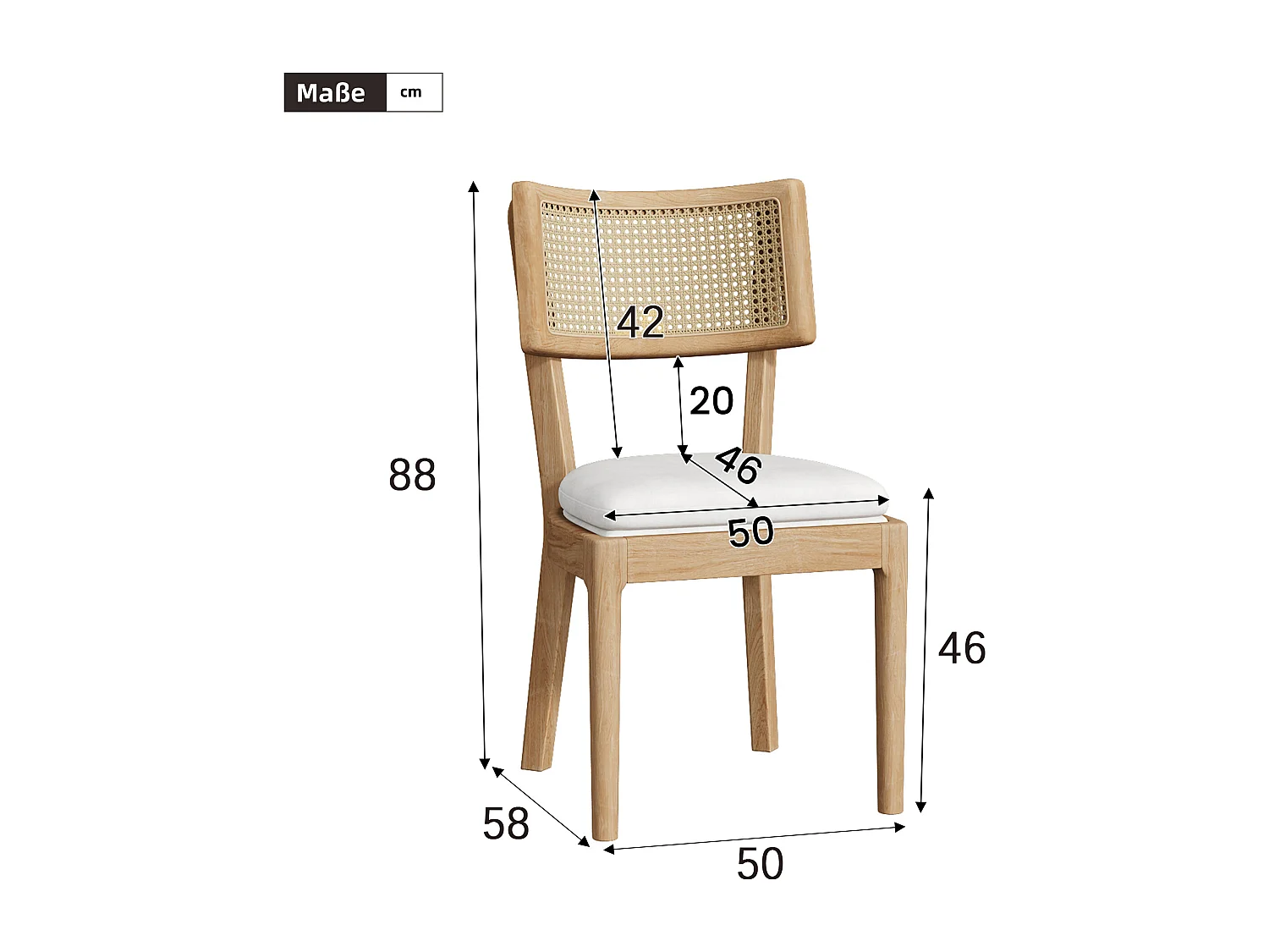 Set van 4 eetkamerstoelen - Rugleuning van rotan - Zitkussen van linnen - Massief hout - Natuur