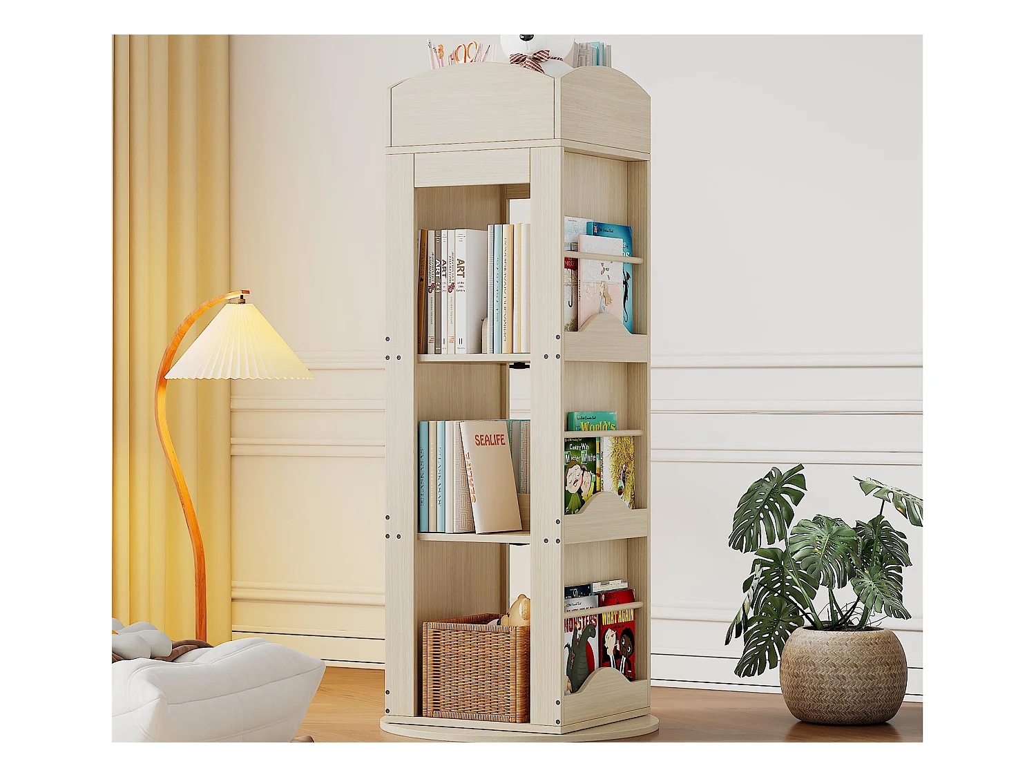 Bücherregal 63x41x142 cm - 360° Drehung - Bilderbuchregal - Obere Ablage - Natur